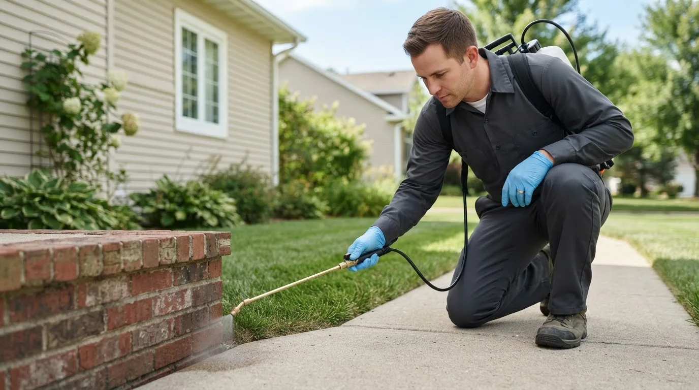 Pest control technician treating a home near Perronville, MI