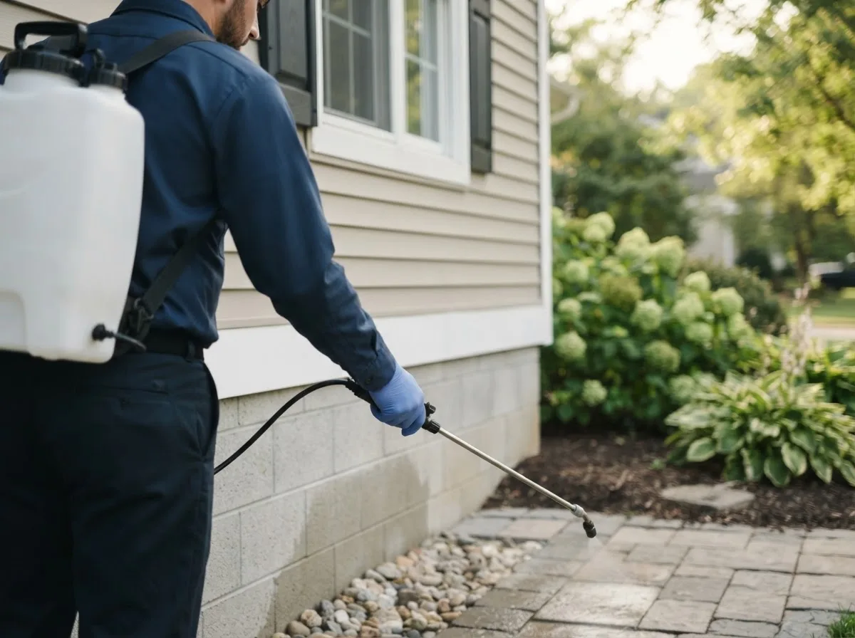Pest control technician inspecting a home in Perronville, MI
